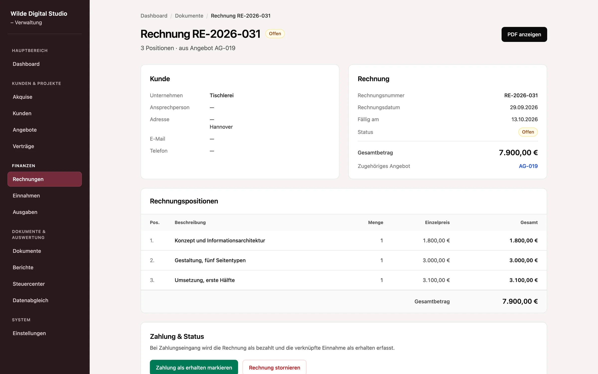 Wilde Verwaltung, Rechnung RE-2026-031 aus Angebot AG-019 mit übernommenen Positionen