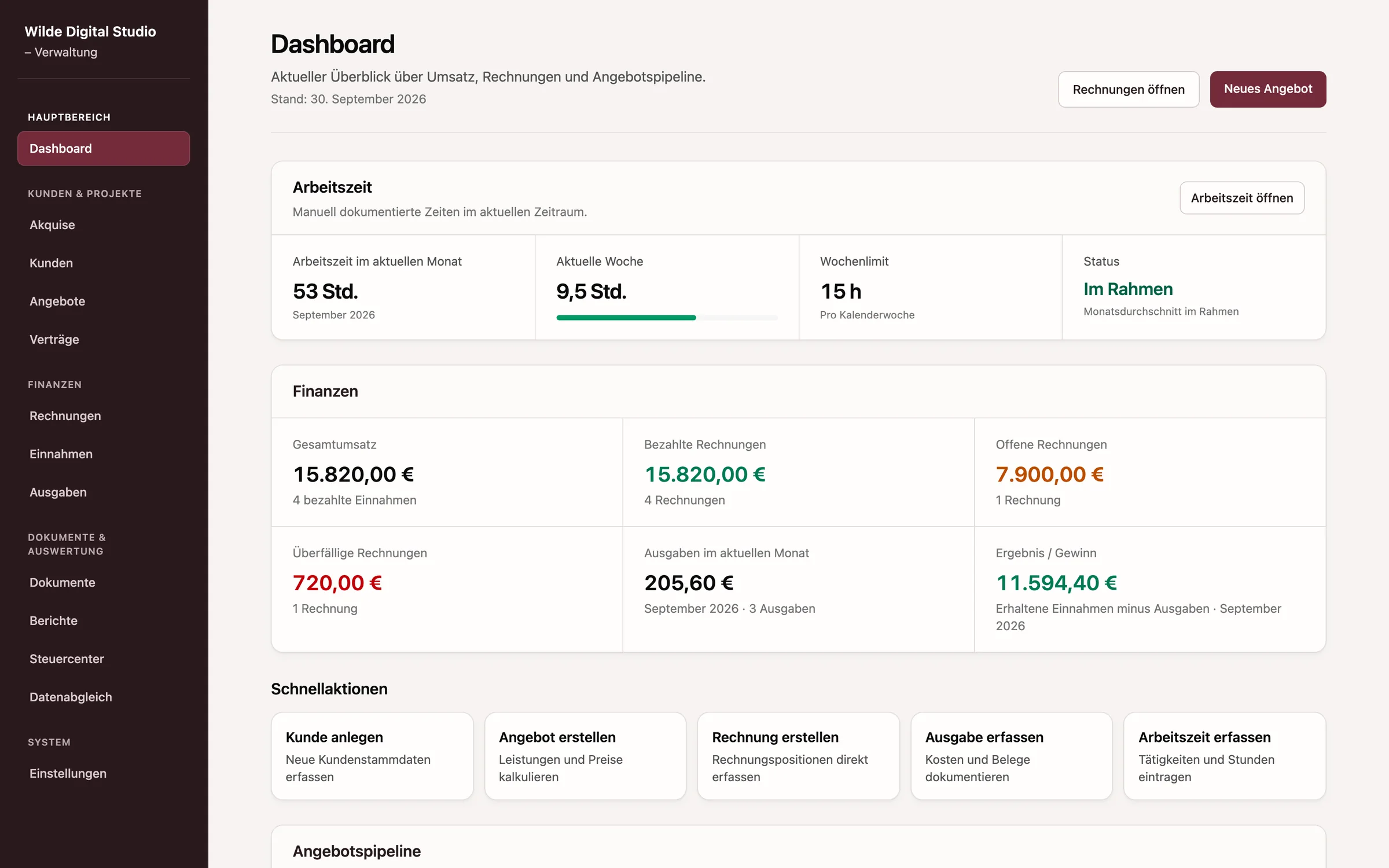 Wilde Verwaltung, Dashboard mit Arbeitszeit, Umsatz, offenen und überfälligen Rechnungen